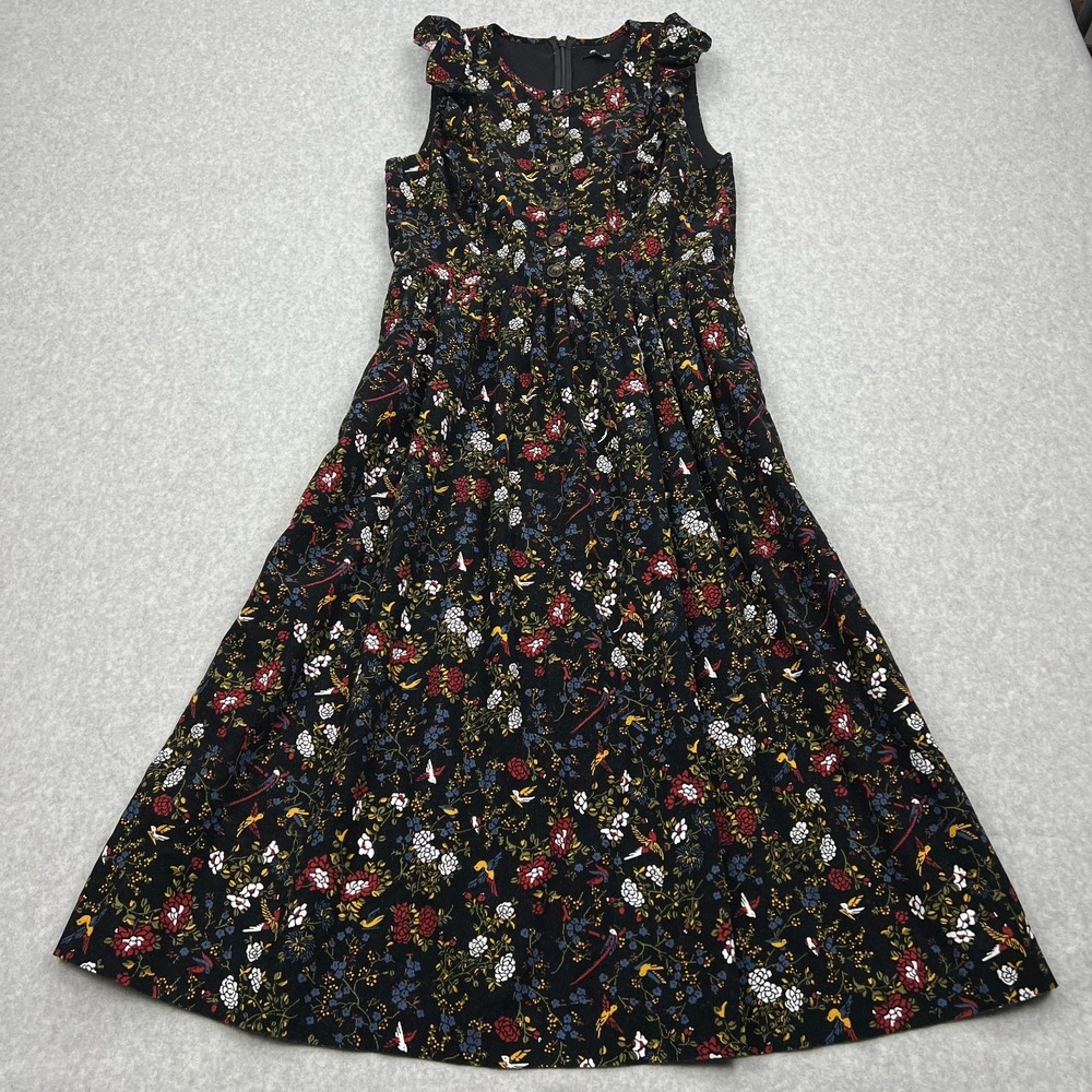 Madewell Dress Women's 6 Black Corduroy Ruffle-Front Finch Floral‎ Midi